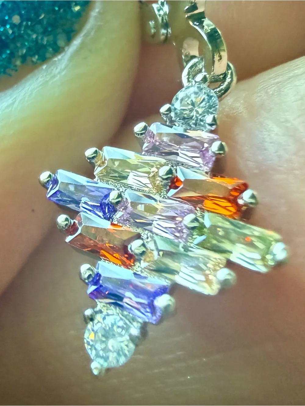NEW! 14k White Gold Plated with Multicolored Crystal Drop Hoop Earrings